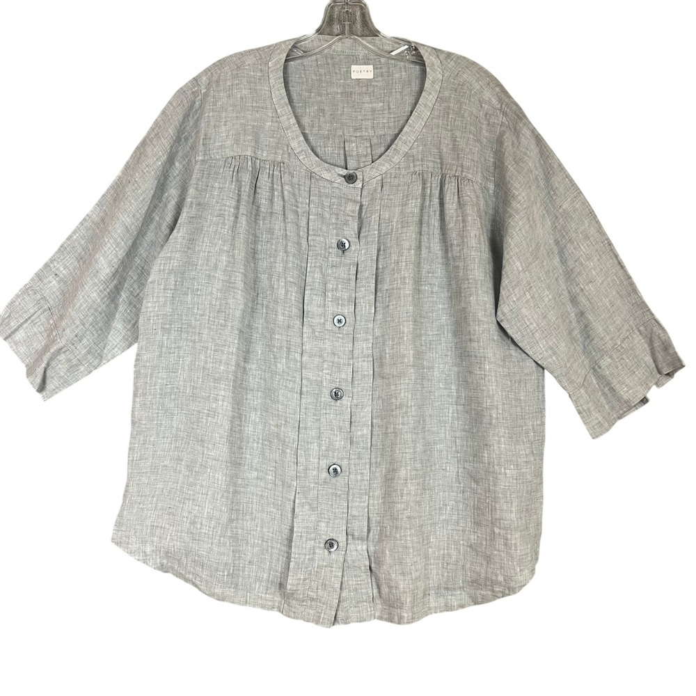 Poetry Button Down Blouse Womens 14 100% Linen Luxury Lagenlook Coastal